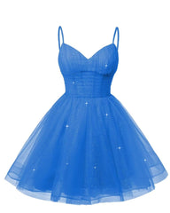 Women's V Neck Tulle Spaghetti Straps Light Royal Blue Homecoming Dresses with Corset Back Short Prom Gowns for Teens