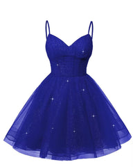 Women's V Neck Tulle Spaghetti Straps Royal Blue Homecoming Dresses with Corset Back Short Prom Gowns for Teens