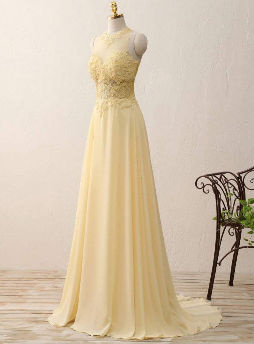 Yellow Chiffon Lace Appliques A Line Long Evening Dresses Zipper-Up