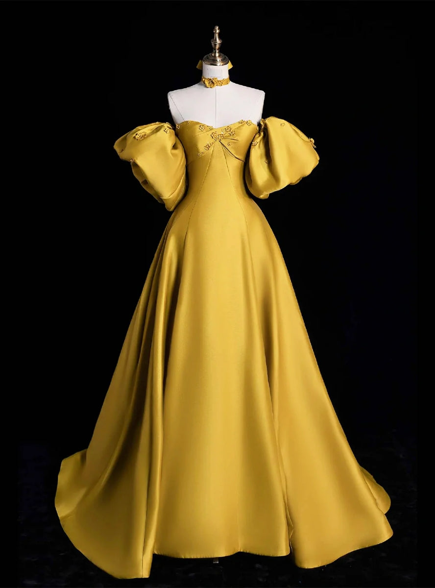 Yellow Satin Strapless Puff Sleeve Flower Prom Dress