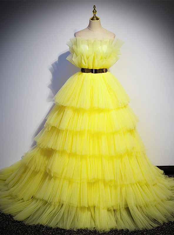 Yellow Tulle Pleats Spaghetti Straps Prom Dress