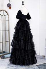 Formal Dress Shops Near Me, Saprkly Black Off-Shoulder Puff Sleeves Layers Long Prom Dress