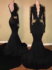 Prom Dresses Graduacion, 2024 Charming Long Sleeve Black V-neck Prom Dresses