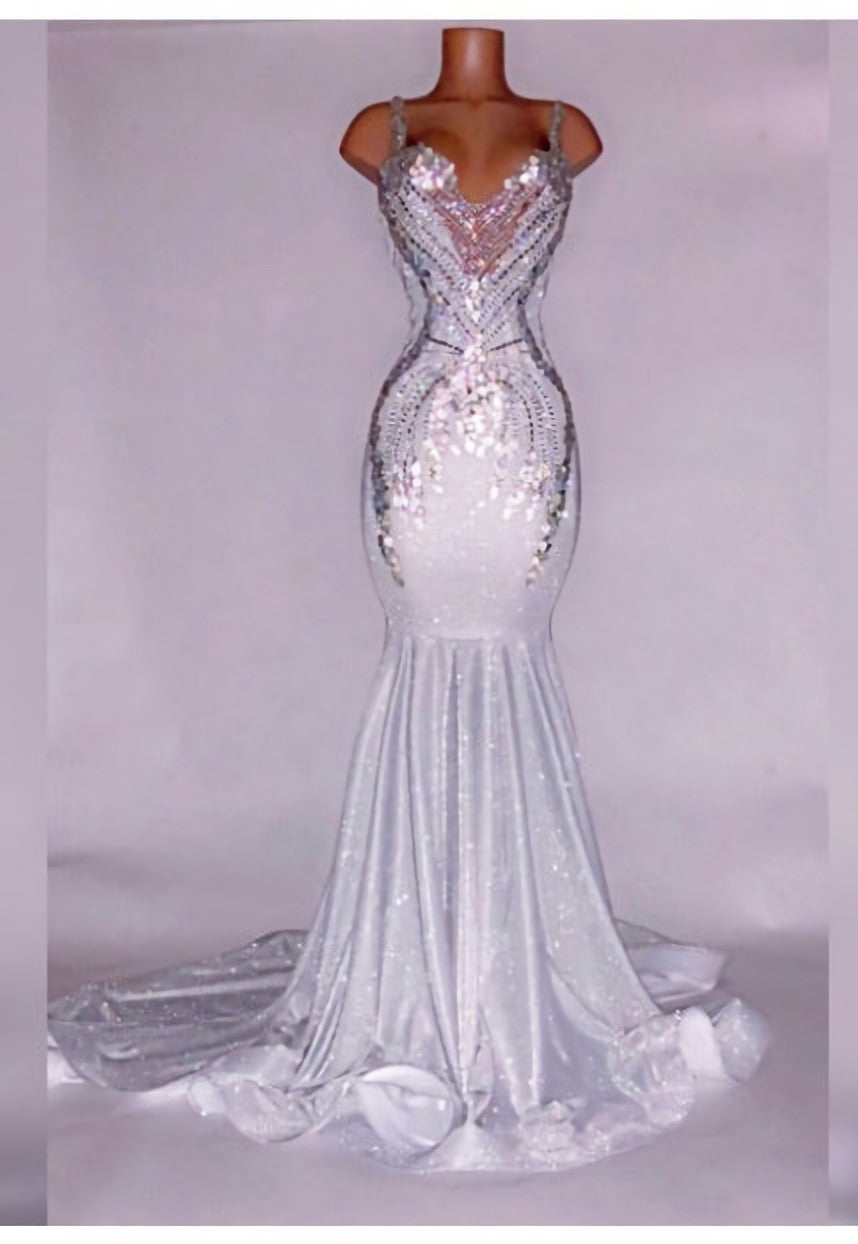 Formal Dresses Vintage, Alluring Silver Satin Beaded Mermaid Prom Dresses