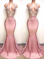 Prom Dresses For Short Girls, 2024 V-neck Train Mermaid/Trumpet Lace Beaded Prom Dresses