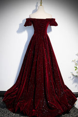 Party Dresses Websites, Burgundy Velvet Long Prom Dresses, Off the Shoulder Formal Evening Dresses