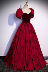 Party Dresses Weddings, Burgundy Velvet Long A-Line Prom Dress, Short Sleeve Evening Dress