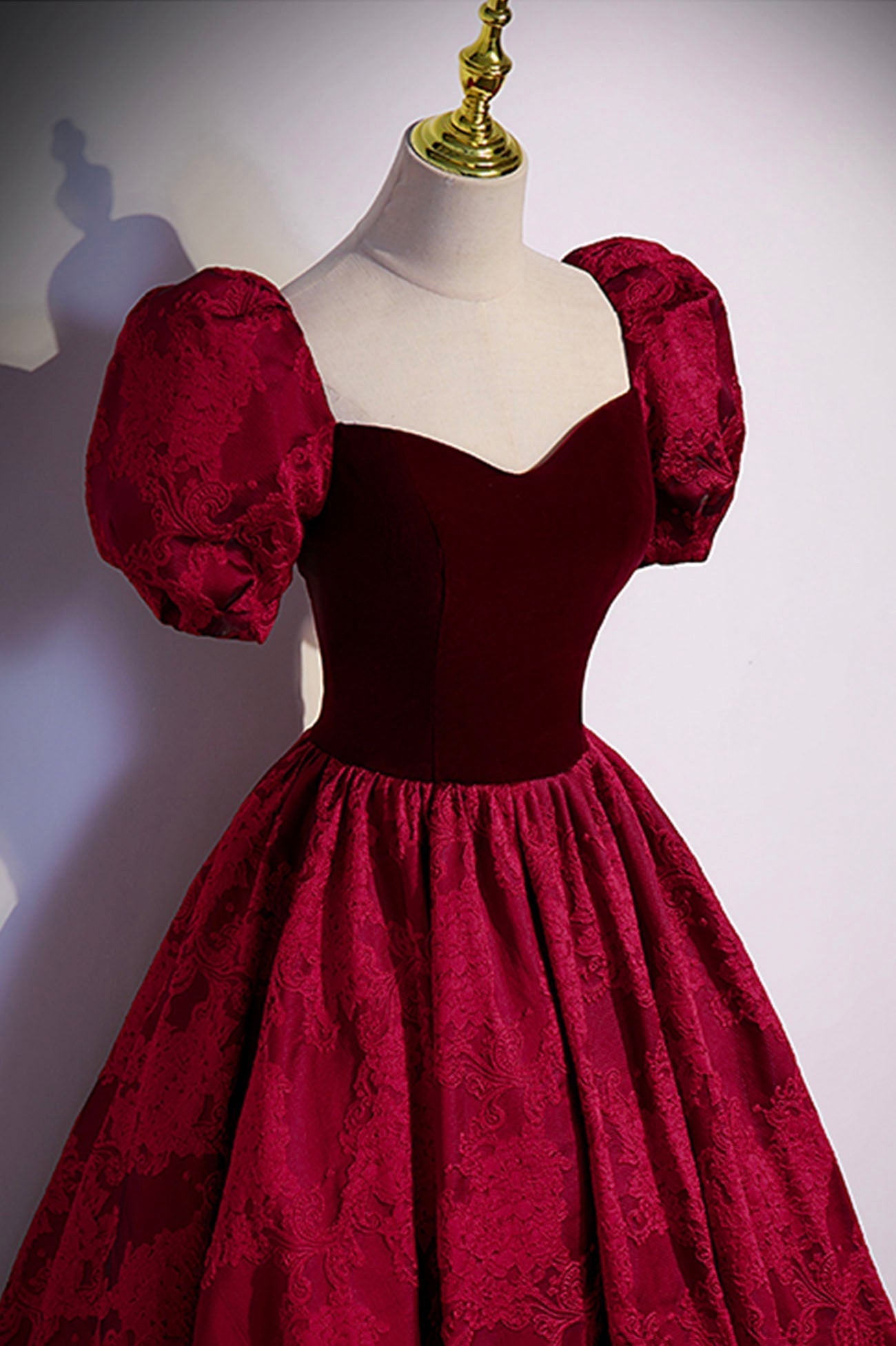 Party Dresses Wedding, Burgundy Velvet Long A-Line Prom Dress, Short Sleeve Evening Dress