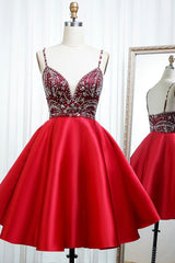 Evening Dresses 2035, Red Satin Beading Short Prom Dresses, A-Line Homecoming Dresses