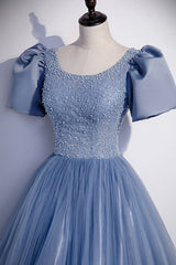 Emerald Green Prom Dress, Blue Tulle Beading Long Prom Dresses, A-Line Short Sleeve Evening Dresses