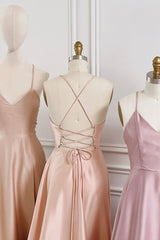 Formal Dress For Weddings Guest, Simple V-Neck Satin Long Prom Dress, A-Line Backless Evening Dress