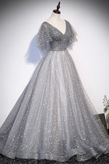 Prom Dresses Sleeve, Grey V-Neck Tulle Long Prom Dresses, A-Line Evening Dresses