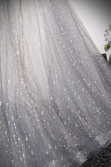 Prom Dresses 14, Grey V-Neck Tulle Long Prom Dresses, A-Line Evening Dresses