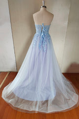 Evening Dresses Short, Blue Strapless Lace Long A-Line Prom Dress, Blue Evening Party Dress