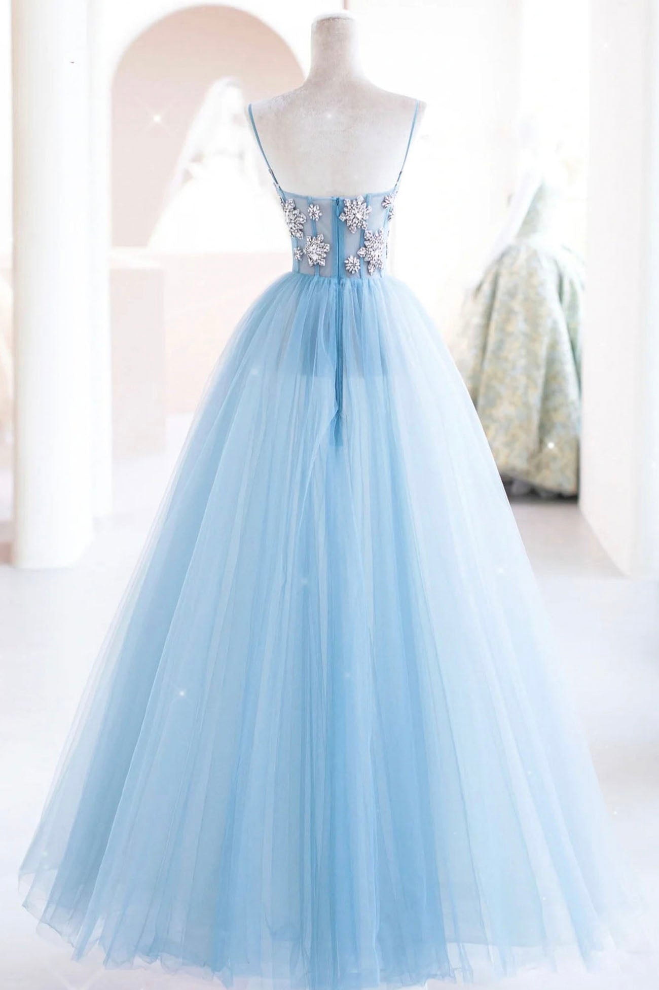 Evening Dresses Sale, Blue Spaghetti Strap Tulle Beading Long A-Line Prom Dresses