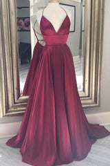 Party Dresses Short Tight, Burgundy Satin Long Prom Dresses, A-Line Backless Evening Dresses