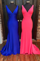 Long Prom Dress, Royal Blue V-Neck Open Back Mermaid Long Prom Dress