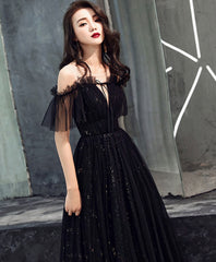 Simple Wedding Dress, Black Tulle Off Shoulder Long Prom Dress, Black Formal Dress