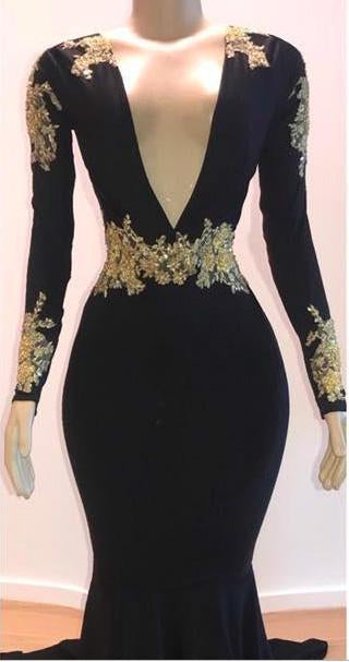 Prom Dresses Spring, 2024 Black Mermaid/Trumpet Long Sleeve V Neck Applique Elastic Satin Prom Dresses