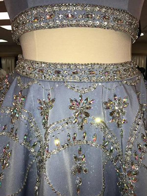 Light Blue Dress, 2024 A-Line Jewel Neck Sleeveless Cut Out Back Beading Two Piece Cut Short/Mini Homecoming Dresses