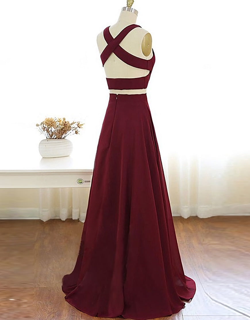 Prom Dresses Blue Long, Two Piece Prom Dresses A-Line Floor-length Burgundy Chiffon Prom Dress