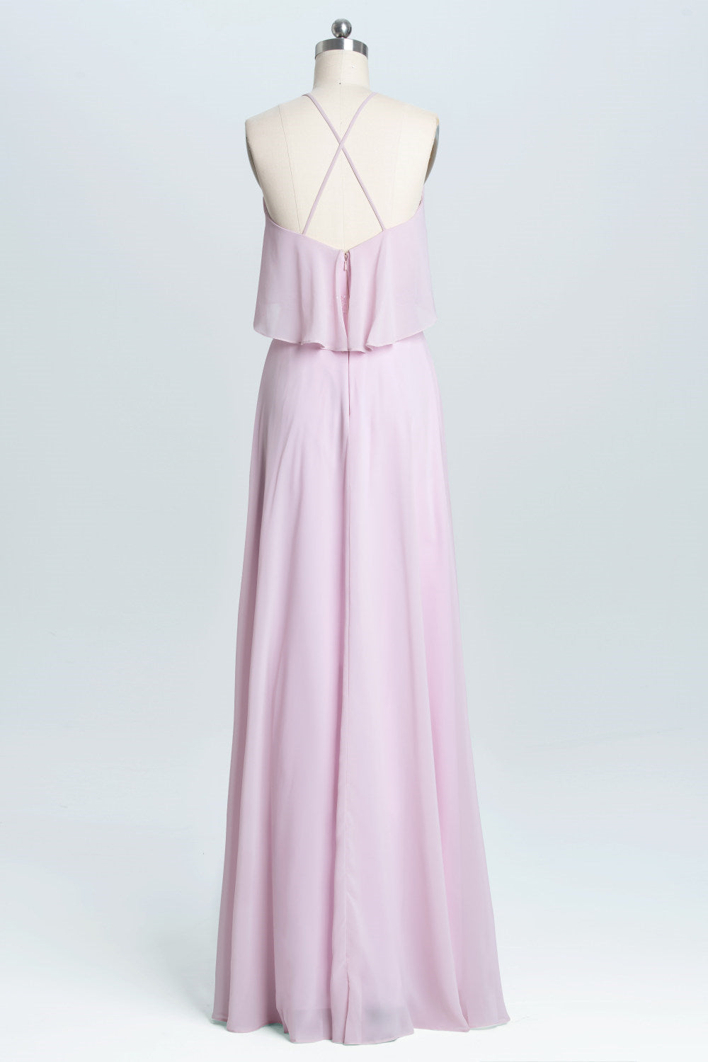 Prom Dress Shop Near Me, Pink Straps Flounce Chiffon A-line Long Bridesmaid Dress