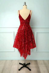 White Prom Dress, Burgundy Lace V-Neck Short Prom Dress, A-Line Irregular Hem Party Dress