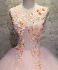 Party Dress Shops Near Me, Pink Round Neck Tulle Lace Long Prom Dress, Lace Formal Dress