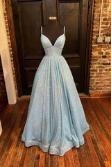 Formal Dresses Gowns, Blue V-Neck Sequins Long Prom Dresses, A-Line Evening Dresses