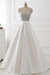 Prom Dresses Designer, A Line Brush Train Deep V Neck Sleeveless Beading Prom Dresses