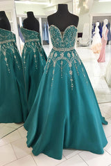 Party Dresses Shops, Green A Line Floor Length Sweetheart Sleeveless Beading Prom Dresses