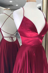 Party Dresses Jumpsuits, Burgundy Satin Long Prom Dresses, Simple A-Line Backless Evening Dresses