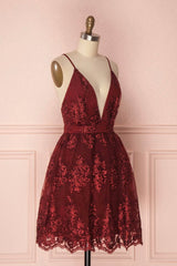 Party Dress Classy Elegant, Burgundy V-Neck Lace Short Backless Prom Dress, Cute Lace Party Dress