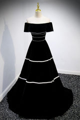 Homecomeing Dresses Blue, Black Velvet Long Prom Dresses, A-Line Off the Shoulder Evening Dresses