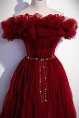 Party Dress Europe, Burgundy Tulle Long Prom Dresses, A-Line Off the Shoulder Evening Party Dresses