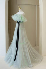 Pink Prom Dress, Green Tulle Floor Length Prom Dress, A-Line Off Shoulder Evening Dress