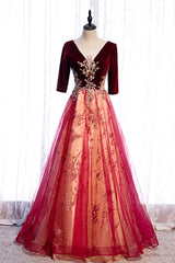 Party Dresses On Sale, Burgundy Velvet Tulle Long Prom Dresses, Burgundy 1/2 Sleeve Evening Dresses