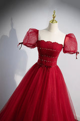 Evening Dress Shopping, Red Beaded Tulle A-Line Long Formal Dress, Red Prom Dress