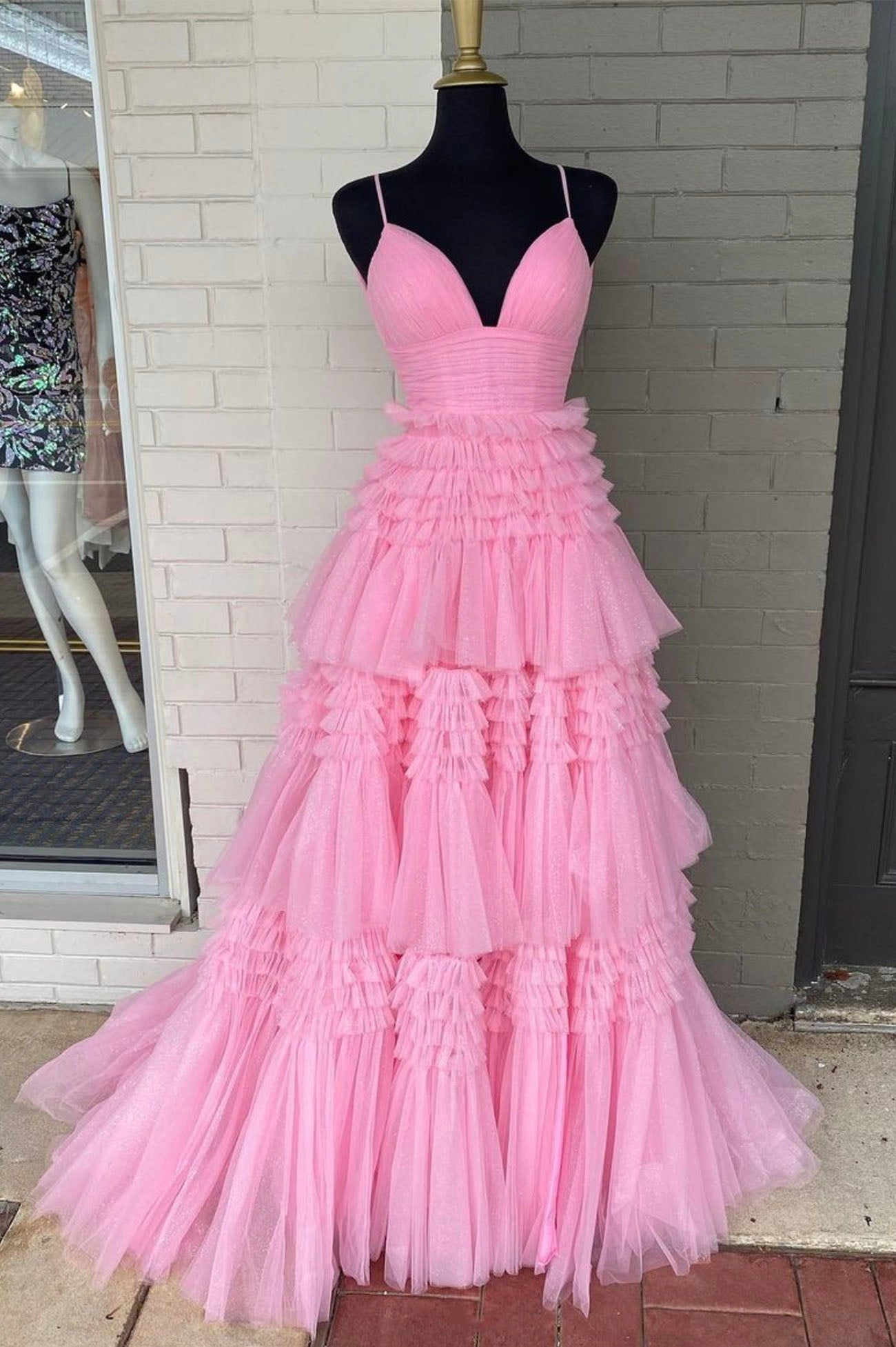 Homecoming Dresses Style, Pink V-Neck Layers Tulle Long Ball Gown, A-Line Spaghetti Strap Evening Dress