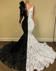 Evening Dress Green, Hot Half Black Half White One shoulder Long Sleeves Mermaid Prom Dresses