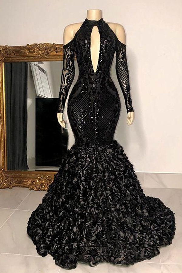 Evening Dresses Designer, Black Sexy Keyhole Cool Shoulder Mermaid Flowers Prom Dresses