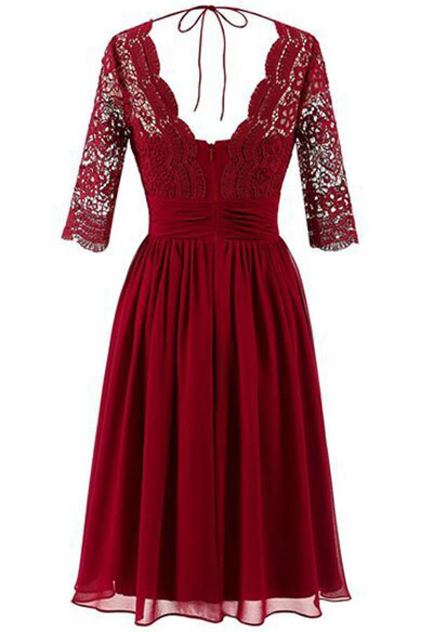 Bridesmaid Dress Stylee, Burgundy A Line Knee Length V Neck 1/2 Sleeve Hollow Bridesmaid Dresses