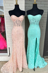 Bridesmaid Dress Beach Wedding, Mint Green Lace Strapless Mermaid  Long Prom Dress with Slit