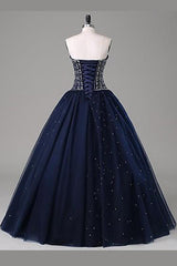 Prom Dresses Orange, Navy Blue Ball Gown Floor Length Sweetheart Sleeveless Mid Back Prom Dresses