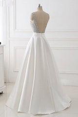 Prom Dress Design, A Line Brush Train Deep V Neck Sleeveless Beading Prom Dresses