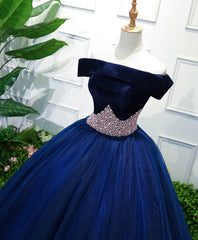 Party Dresses White, Dark Blue Tulle Off Shoulder Long Prom Dress, Blue Sweet 16 Dress