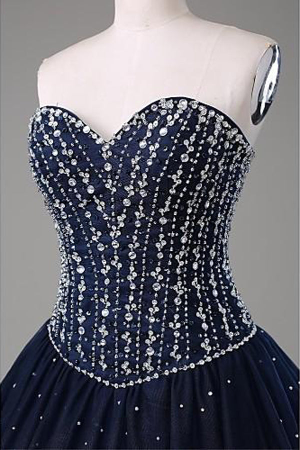 Wedding Guest Dress, Navy Blue Ball Gown Floor Length Sweetheart Sleeveless Mid Back Prom Dresses