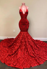 Evening Dress For Sale, Burgundy Halter Mermaid V-neck Low back Flowers Prom Dresses