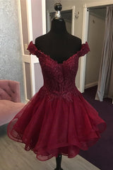 Bridesmaid Dress Long, Off the Shoulder Short Burgundy Homecoming Dress