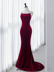 Prom Dresses For Girls, Simple Velvet Mermaid Burgundy Long Prom Dress, Burgundy Long Formal Dress